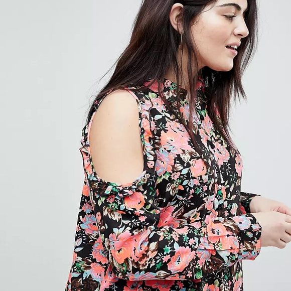 ASOS Curve Koko Neon Cold Shoulder Floral Shirt NWT - Picture 2 of 9